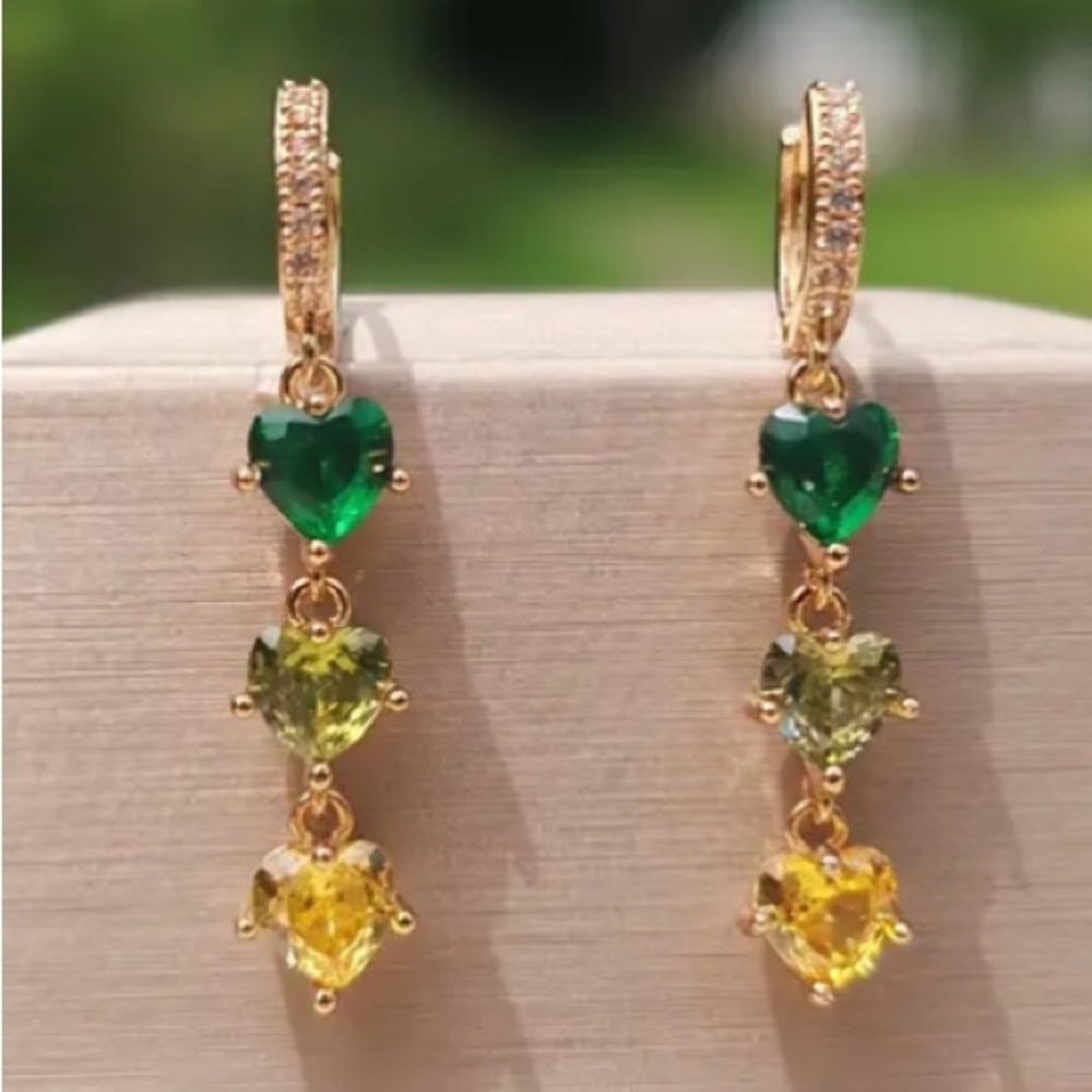 Green Emerald Light Green Peridot Yellow Topaz Heart Diamond Gold Toned Earrings
